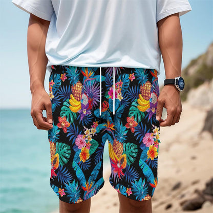 Turquoise Hawaiian Fruits Pattern Print Men's Cargo Shorts