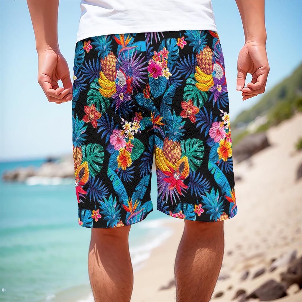 Turquoise Hawaiian Fruits Pattern Print Men's Cargo Shorts