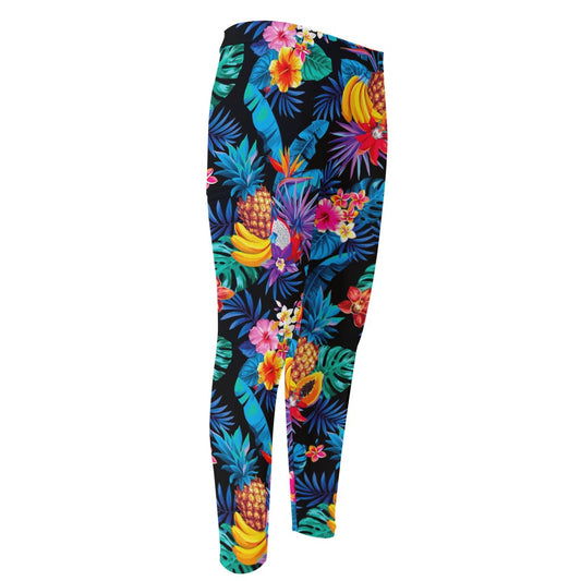 Turquoise Hawaiian Fruits Pattern Print Men's Compression Pants