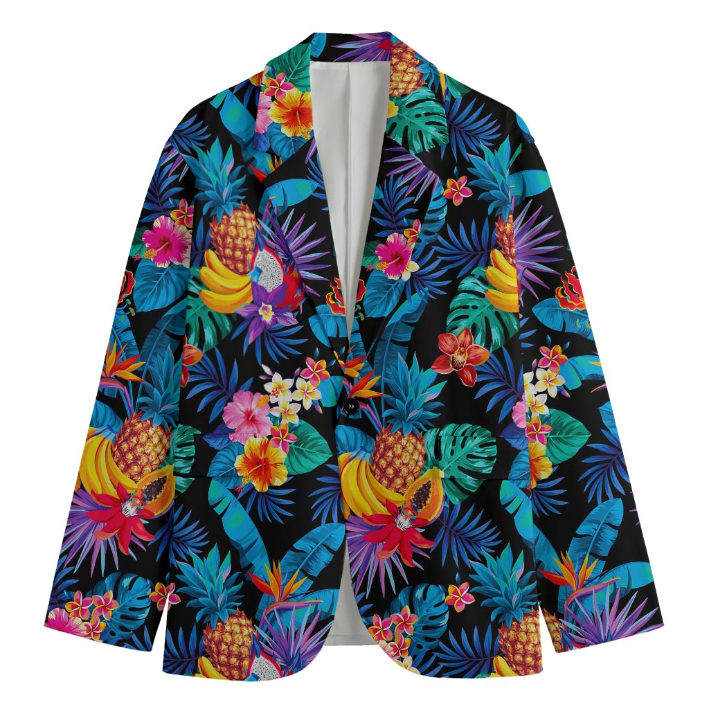 Turquoise Hawaiian Fruits Pattern Print Men's Cotton Blazer