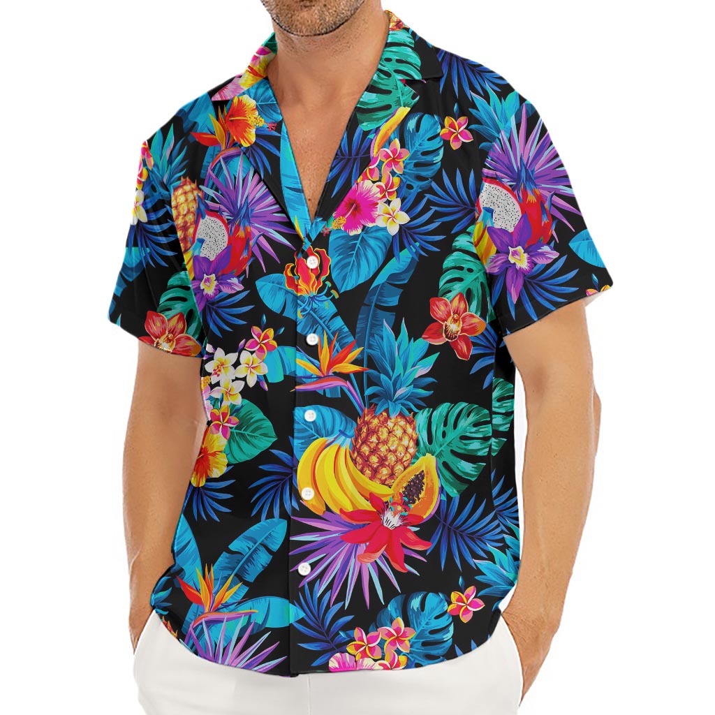 Turquoise Hawaiian Fruits Pattern Print Men's Deep V-Neck Shirt