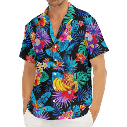 Turquoise Hawaiian Fruits Pattern Print Men's Deep V-Neck Shirt