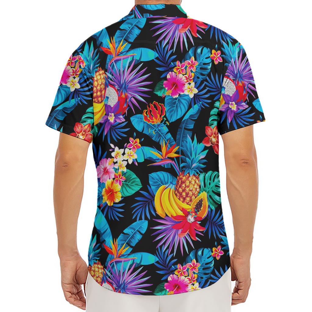 Turquoise Hawaiian Fruits Pattern Print Men's Deep V-Neck Shirt
