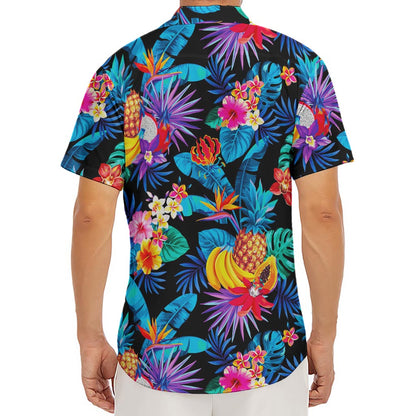 Turquoise Hawaiian Fruits Pattern Print Men's Deep V-Neck Shirt