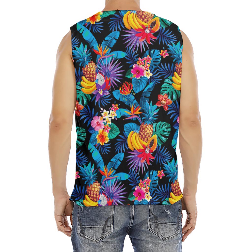 Turquoise Hawaiian Fruits Pattern Print Men's Fitness Tank Top