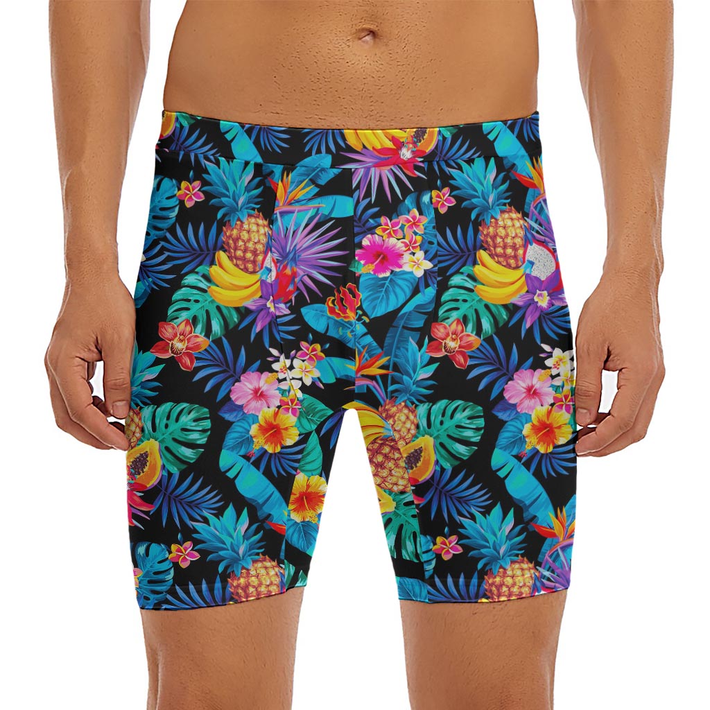 Turquoise Hawaiian Fruits Pattern Print Men's Long Boxer Briefs
