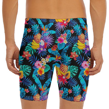 Turquoise Hawaiian Fruits Pattern Print Men's Long Boxer Briefs
