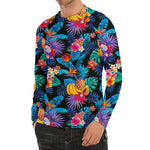 Turquoise Hawaiian Fruits Pattern Print Men's Long Sleeve Rash Guard
