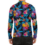Turquoise Hawaiian Fruits Pattern Print Men's Long Sleeve Rash Guard