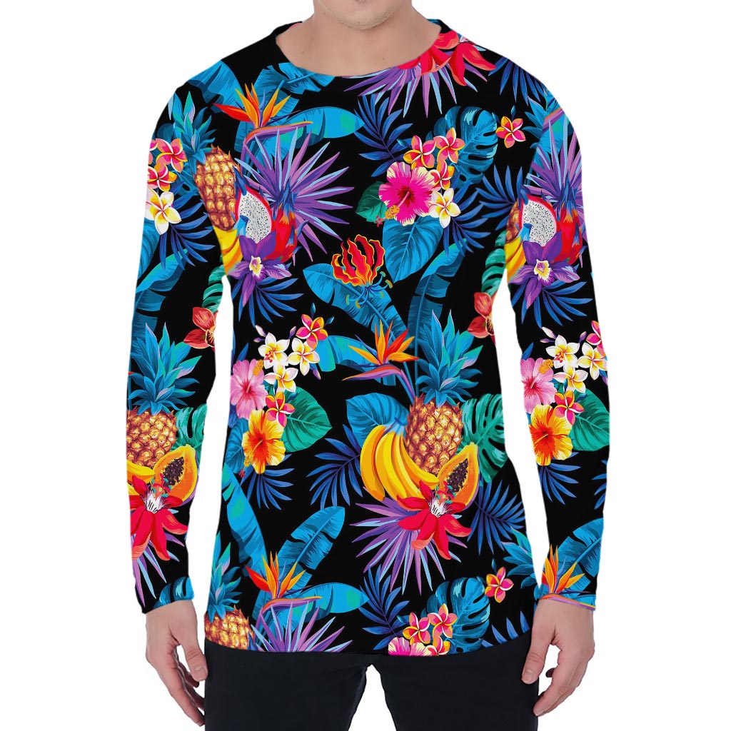 Turquoise Hawaiian Fruits Pattern Print Men's Long Sleeve T-Shirt