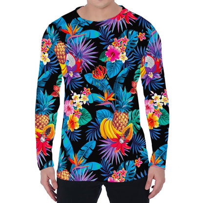 Turquoise Hawaiian Fruits Pattern Print Men's Long Sleeve T-Shirt
