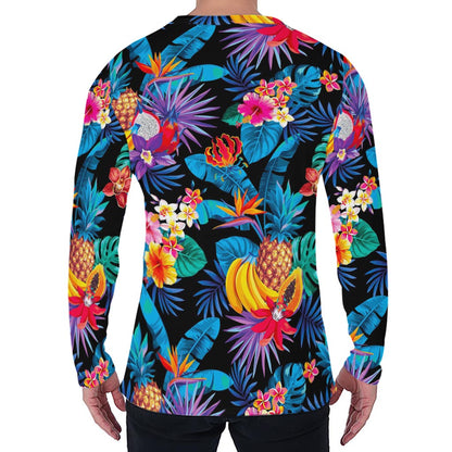 Turquoise Hawaiian Fruits Pattern Print Men's Long Sleeve T-Shirt