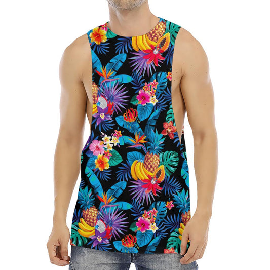 Turquoise Hawaiian Fruits Pattern Print Men's Muscle Tank Top