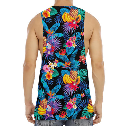 Turquoise Hawaiian Fruits Pattern Print Men's Muscle Tank Top