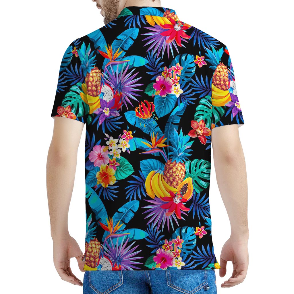 Turquoise Hawaiian Fruits Pattern Print Men's Polo Shirt