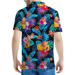 Turquoise Hawaiian Fruits Pattern Print Men's Polo Shirt