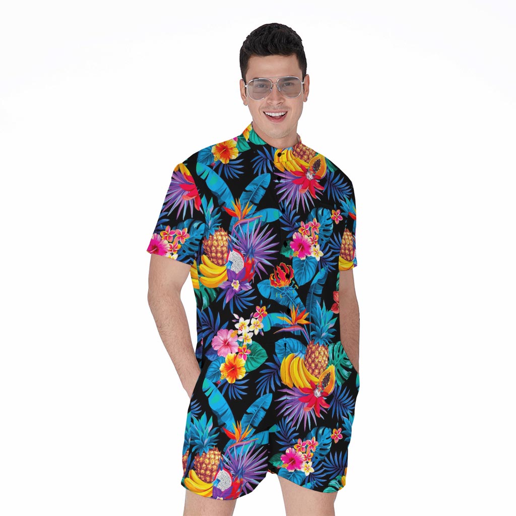 Turquoise Hawaiian Fruits Pattern Print Men's Rompers