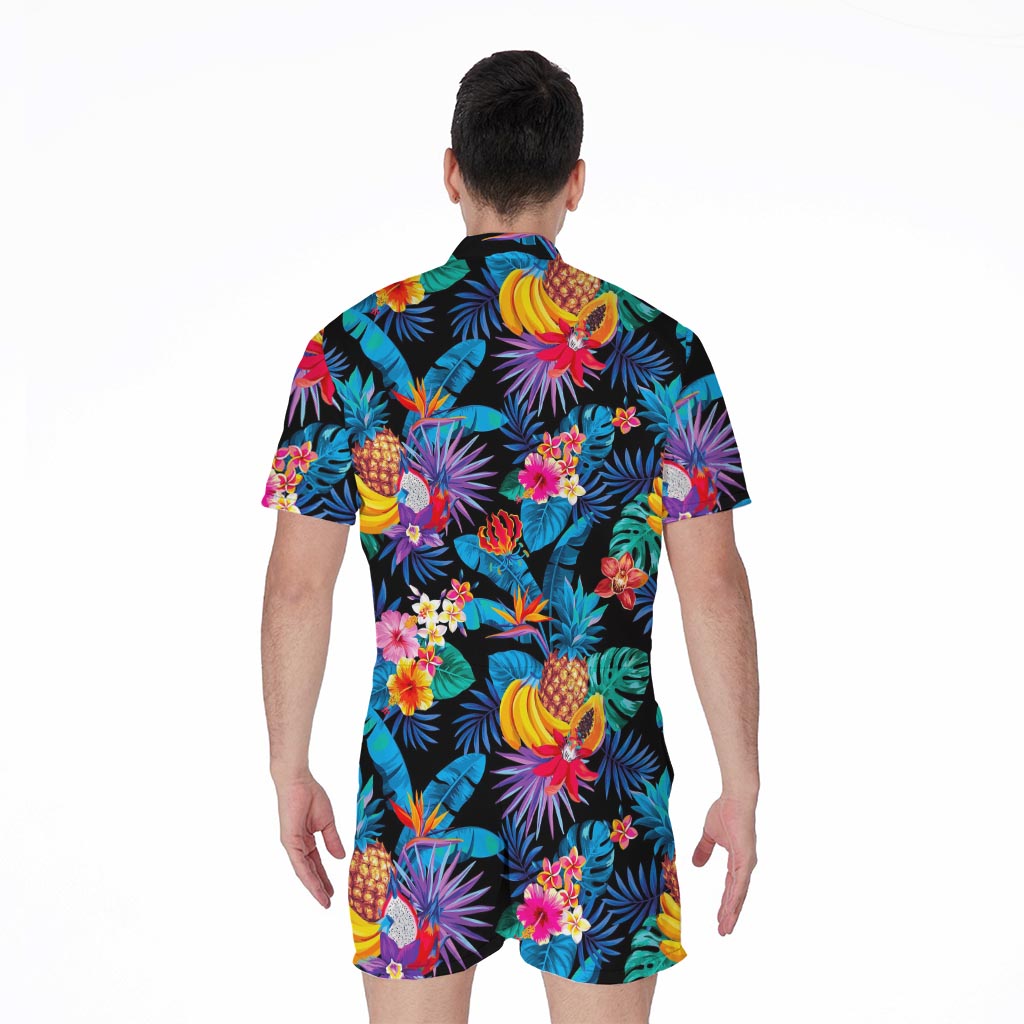 Turquoise Hawaiian Fruits Pattern Print Men's Rompers