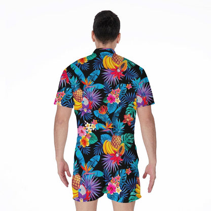 Turquoise Hawaiian Fruits Pattern Print Men's Rompers