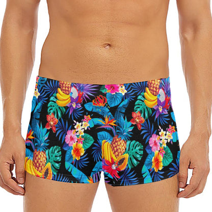 Turquoise Hawaiian Fruits Pattern Print Men's Short Boxer Briefs