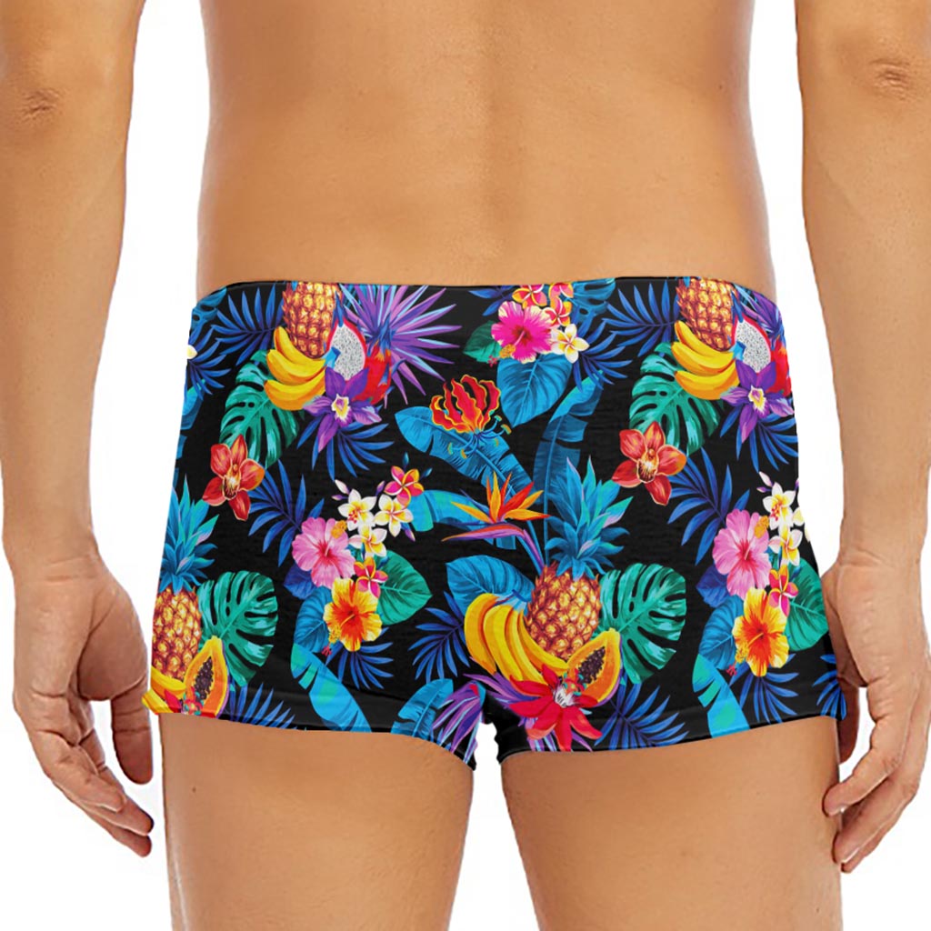 Turquoise Hawaiian Fruits Pattern Print Men's Short Boxer Briefs