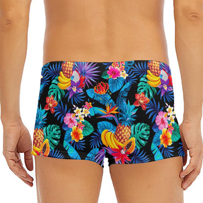 Turquoise Hawaiian Fruits Pattern Print Men's Short Boxer Briefs