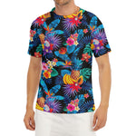 Turquoise Hawaiian Fruits Pattern Print Men's Short Sleeve Rash Guard