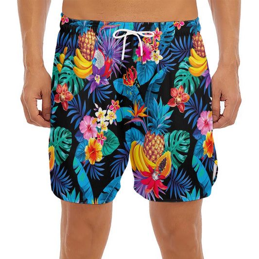 Turquoise Hawaiian Fruits Pattern Print Men's Split Running Shorts
