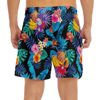 Turquoise Hawaiian Fruits Pattern Print Men's Split Running Shorts