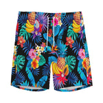 Turquoise Hawaiian Fruits Pattern Print Men's Sports Shorts
