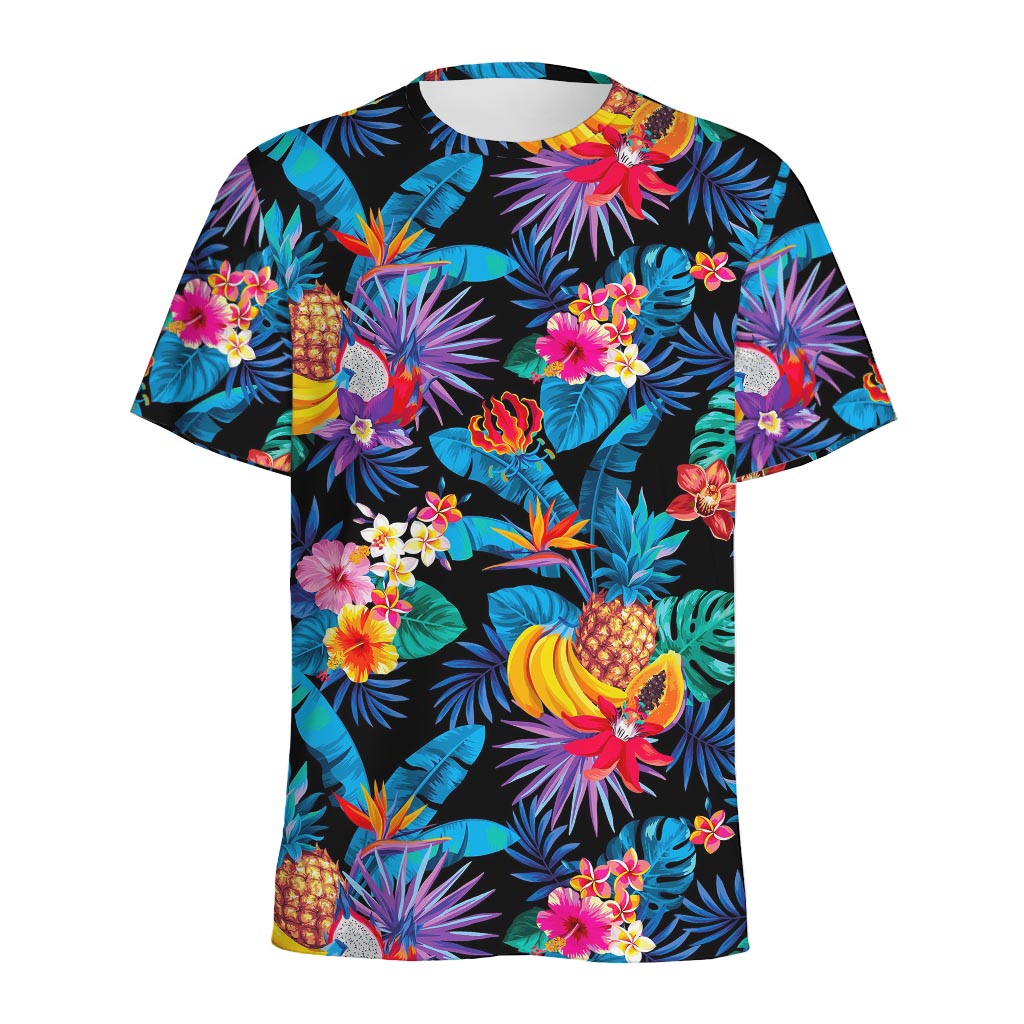 Turquoise Hawaiian Fruits Pattern Print Men's Sports T-Shirt