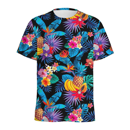 Turquoise Hawaiian Fruits Pattern Print Men's Sports T-Shirt