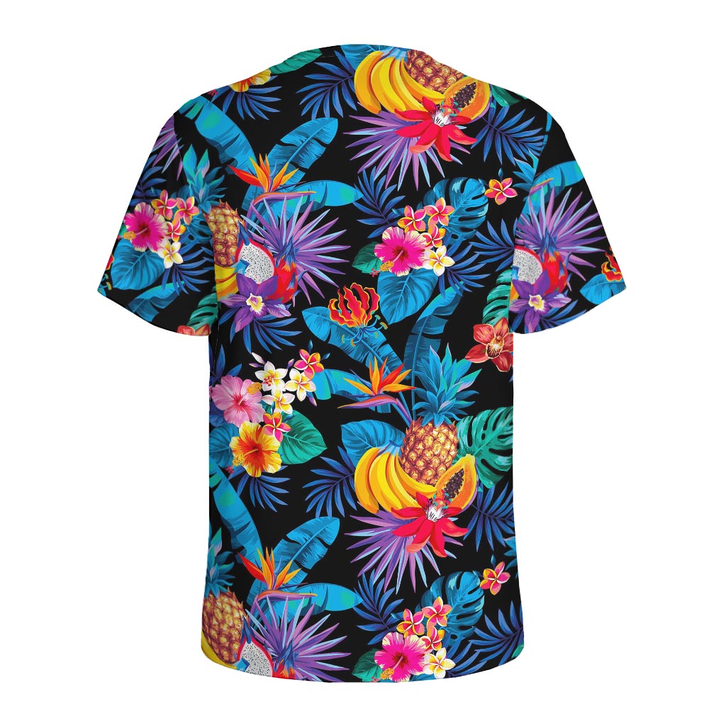 Turquoise Hawaiian Fruits Pattern Print Men's Sports T-Shirt