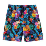 Turquoise Hawaiian Fruits Pattern Print Men's Swim Trunks