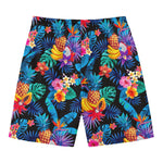 Turquoise Hawaiian Fruits Pattern Print Men's Swim Trunks