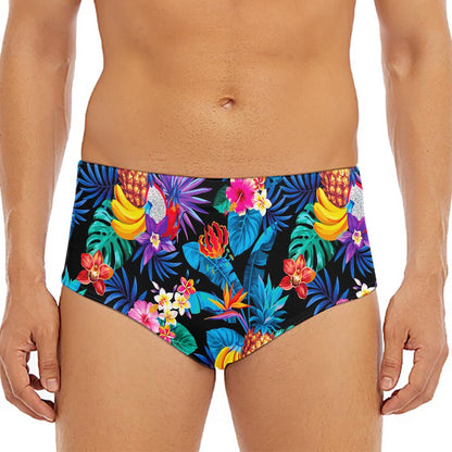 Turquoise Hawaiian Fruits Pattern Print Men's Triangle Swim Briefs
