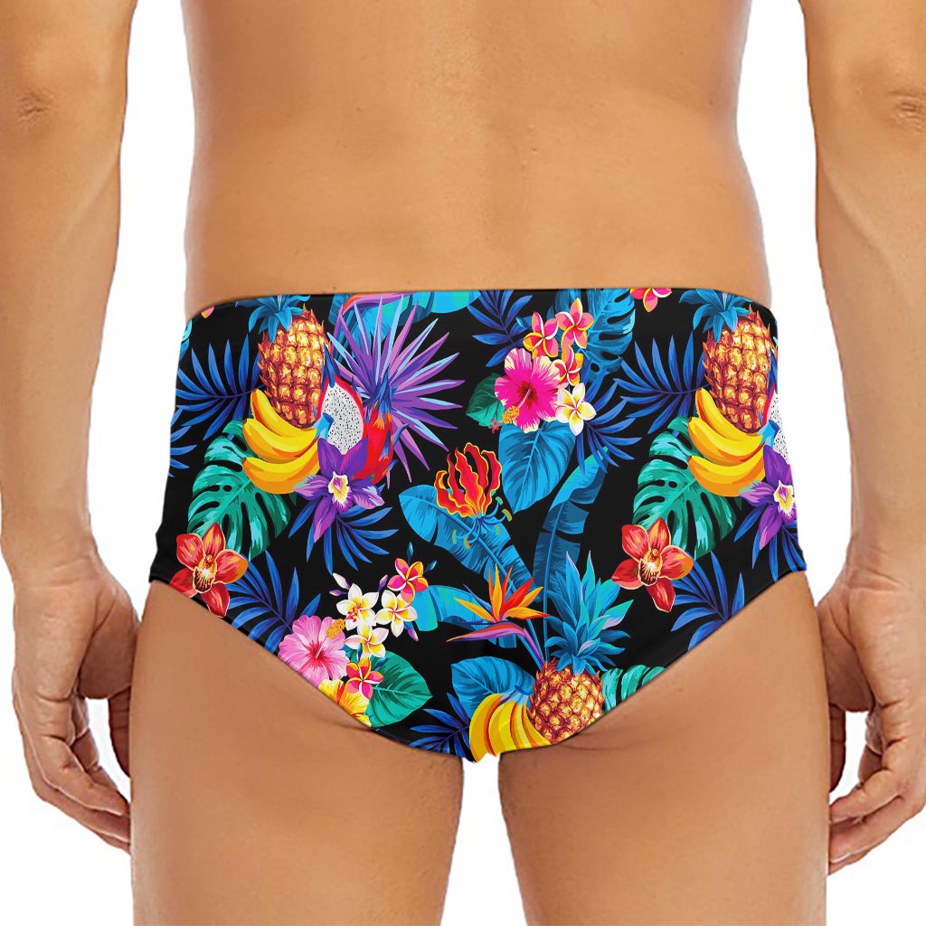 Turquoise Hawaiian Fruits Pattern Print Men's Triangle Swim Briefs