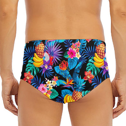 Turquoise Hawaiian Fruits Pattern Print Men's Triangle Swim Briefs