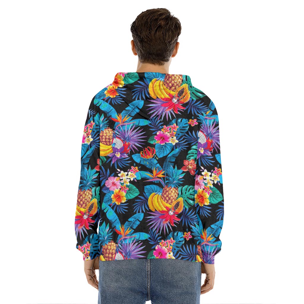 Turquoise Hawaiian Fruits Pattern Print Men's Velvet Pullover Hoodie