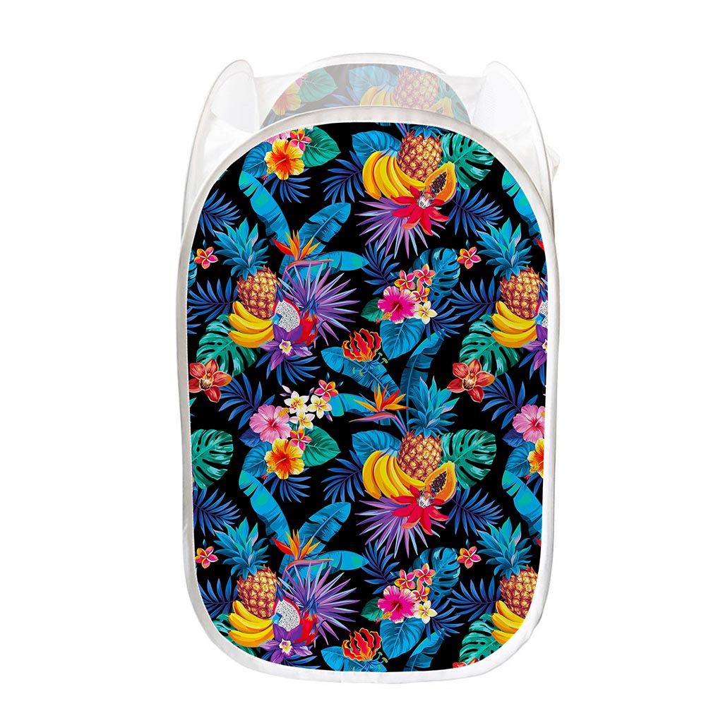 Turquoise Hawaiian Fruits Pattern Print Mesh Laundry Hamper