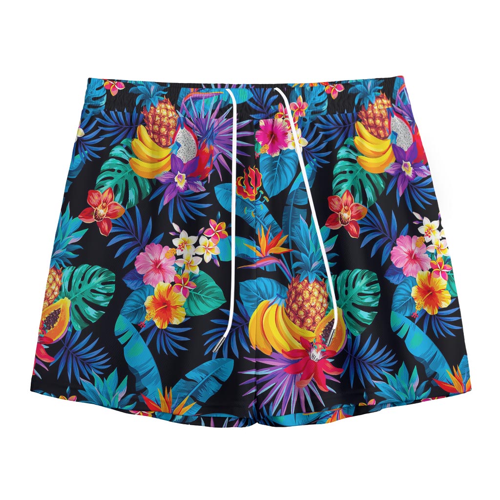 Turquoise Hawaiian Fruits Pattern Print Mesh Shorts