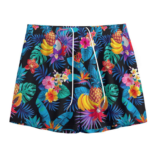 Turquoise Hawaiian Fruits Pattern Print Mesh Shorts