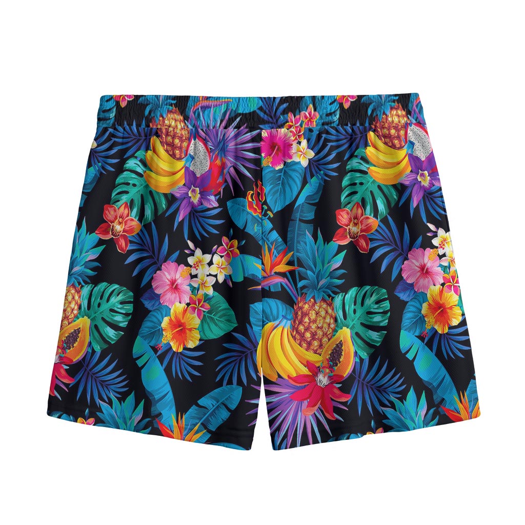 Turquoise Hawaiian Fruits Pattern Print Mesh Shorts