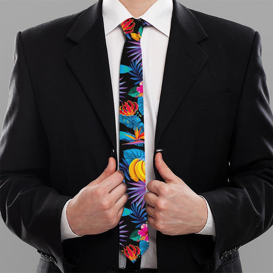 Turquoise Hawaiian Fruits Pattern Print Necktie