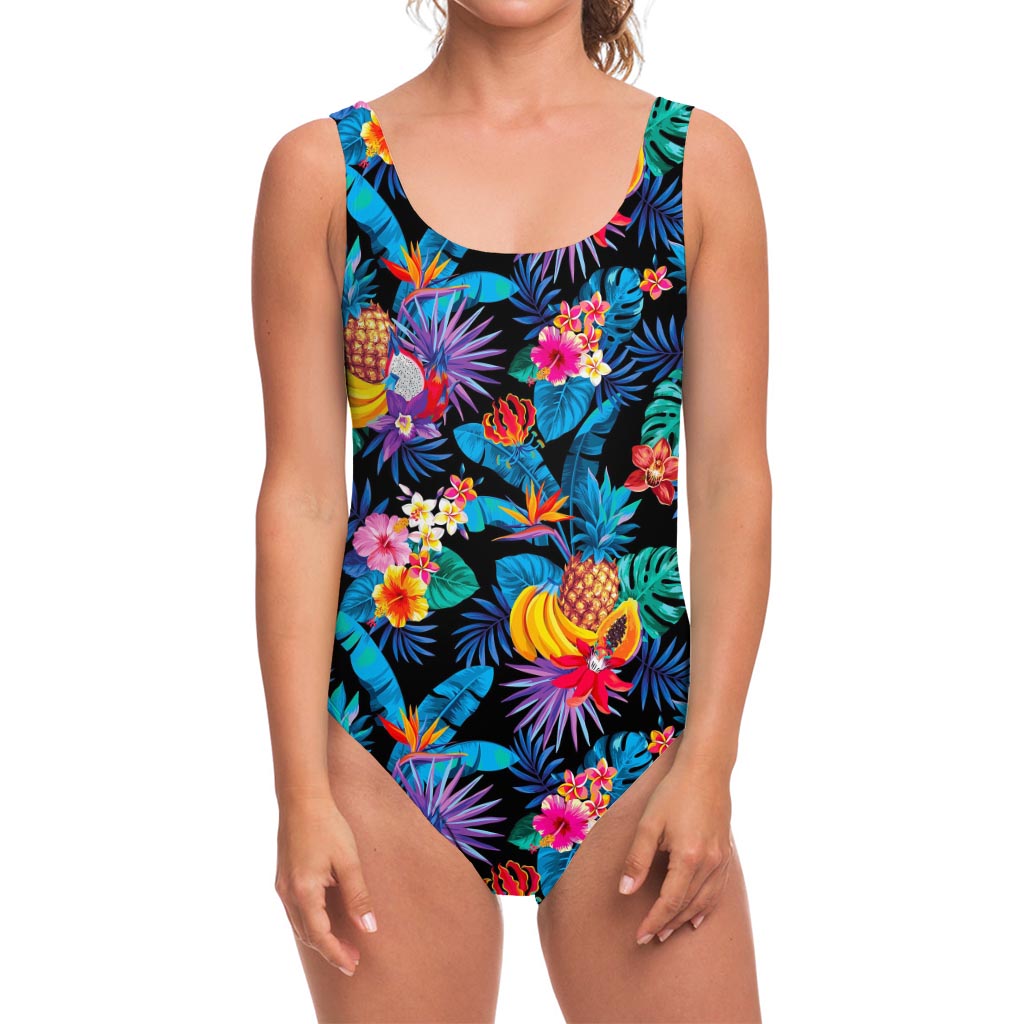 Turquoise Hawaiian Fruits Pattern Print One Piece Swimsuit