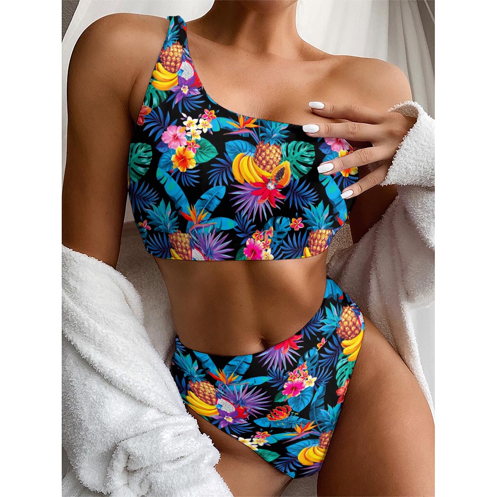 Turquoise Hawaiian Fruits Pattern Print One Shoulder Bikini Top