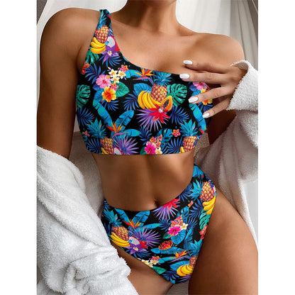 Turquoise Hawaiian Fruits Pattern Print One Shoulder Bikini Top