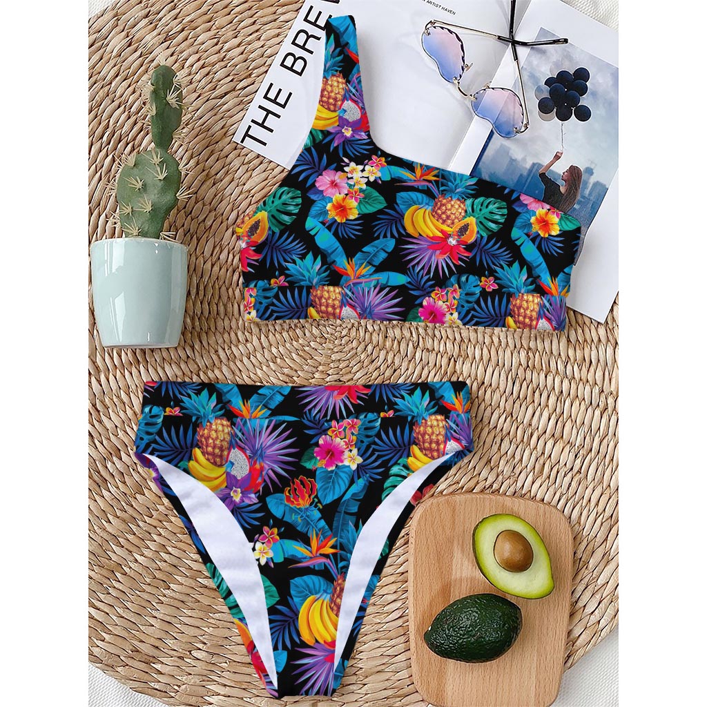 Turquoise Hawaiian Fruits Pattern Print One Shoulder Bikini Top