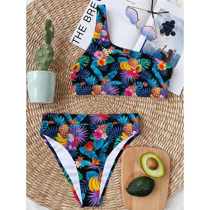 Turquoise Hawaiian Fruits Pattern Print One Shoulder Bikini Top