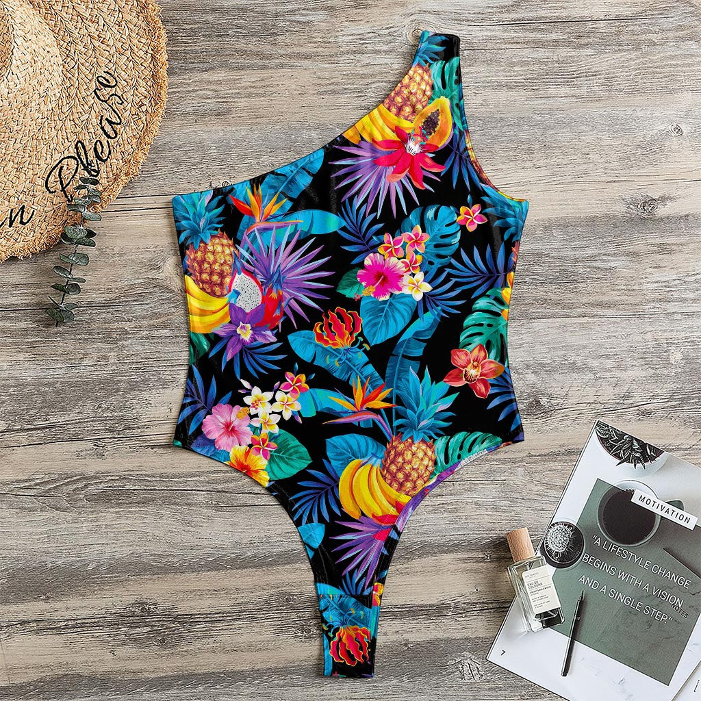 Turquoise Hawaiian Fruits Pattern Print One Shoulder Bodysuit